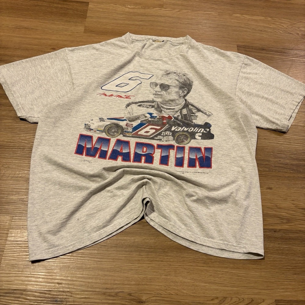 VTG 90s‎ Mark Martin Nutmeg Mills T-Shirt XL Distressed Grey Cotton NASCAR Tee